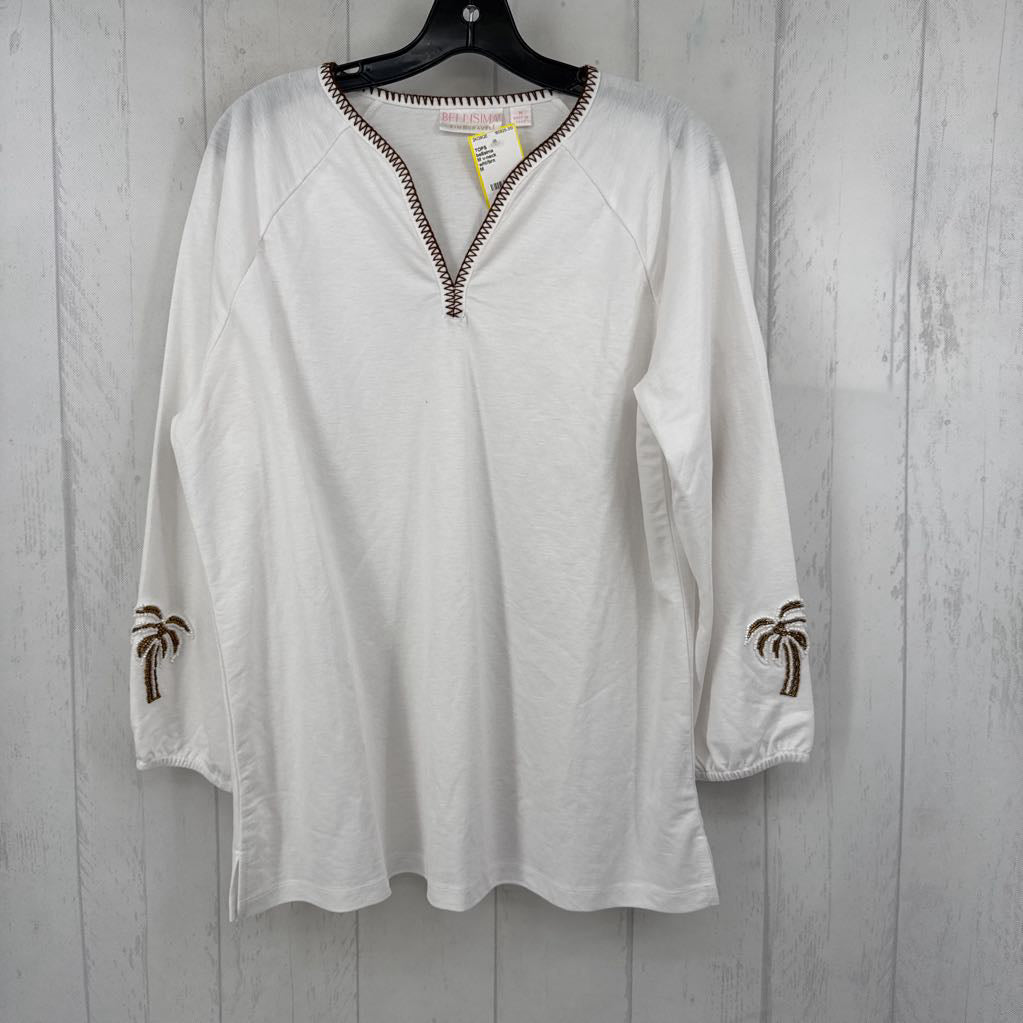 M v-neck embelished palm trees 3/4 slv top
