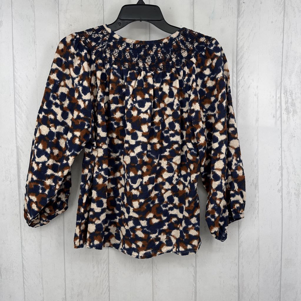 L printed smocked 3/4 slv top
