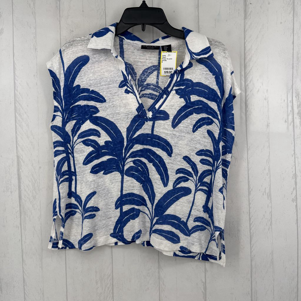 M linen flo print split neck s/s top