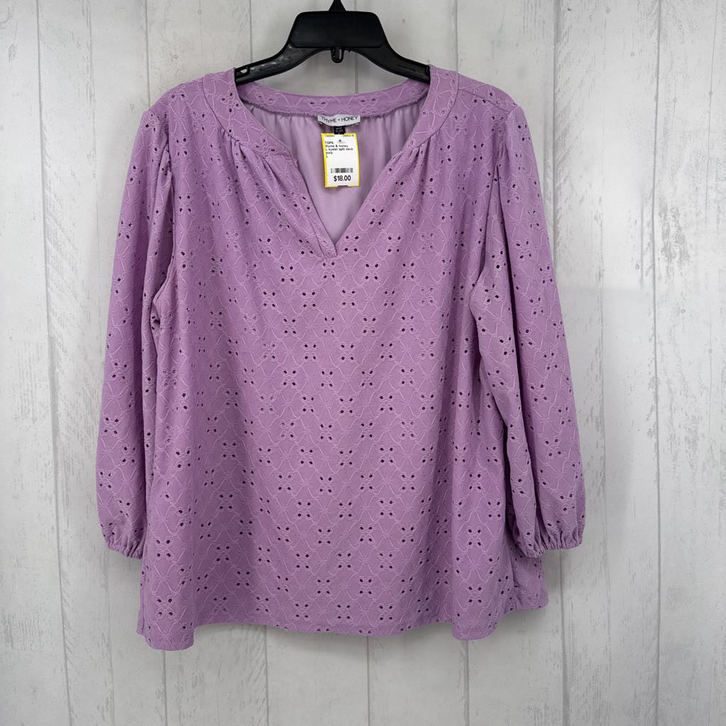 L eyelet split neck 3/4 slv top