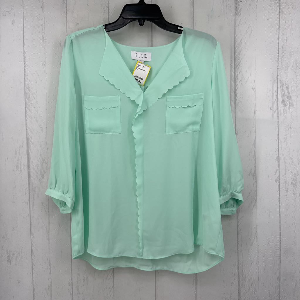 L scalloped trim button down 3/4 slv top
