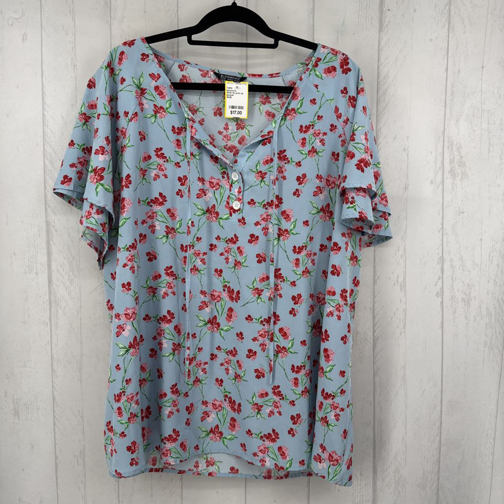 18/20 flo print tie front s/s top