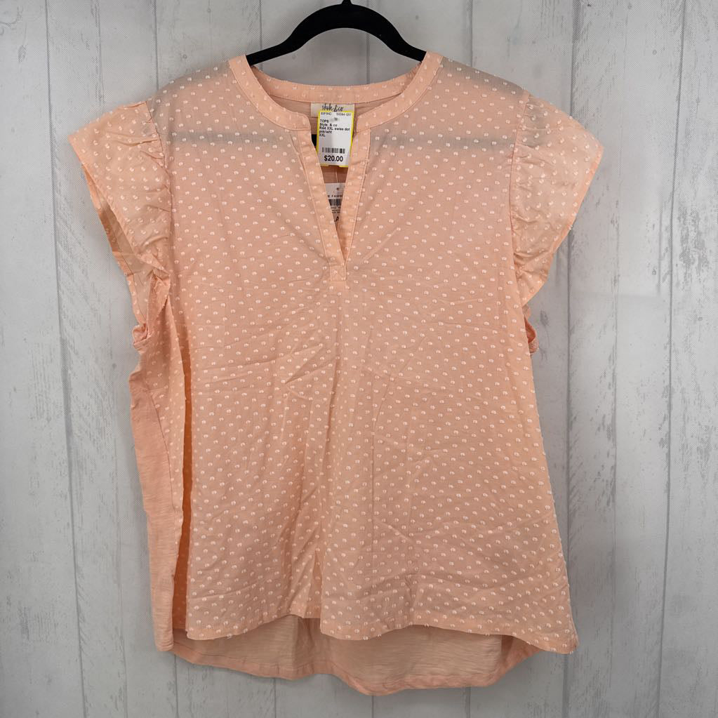 R44 XXL swiss dot split neck flutter slv top