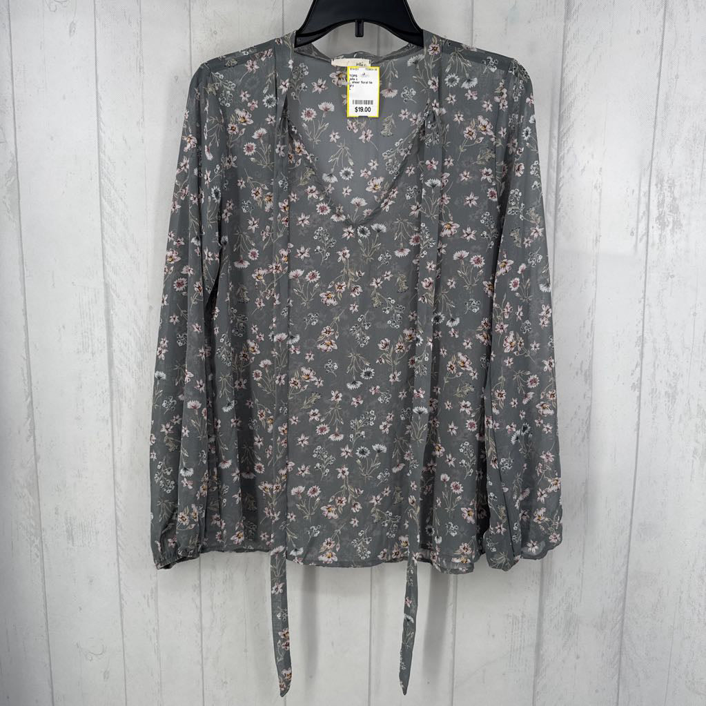 L sheer floral tie front l/s top
