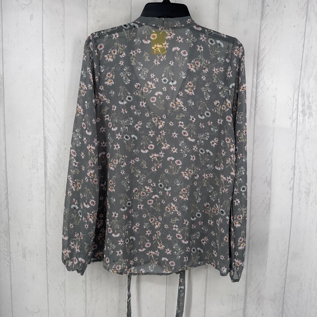 L sheer floral tie front l/s top