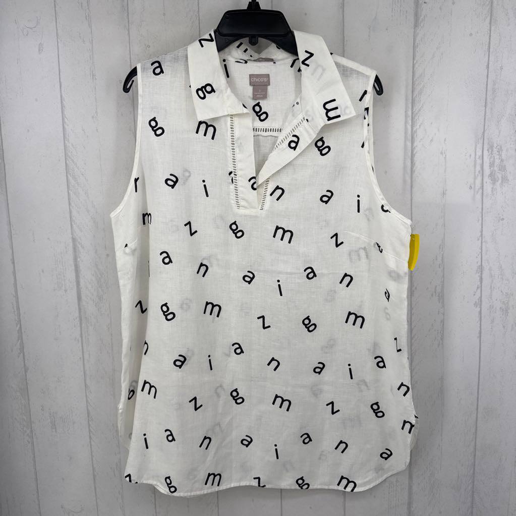 XL printed linen split neck slvls top