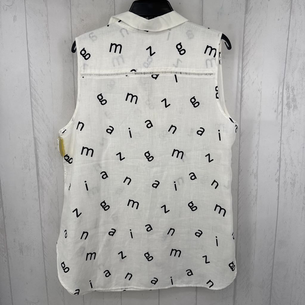 XL printed linen split neck slvls top
