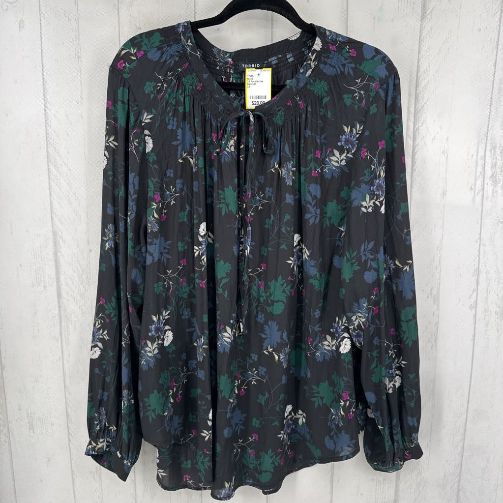 3X flo print tie front l/s top