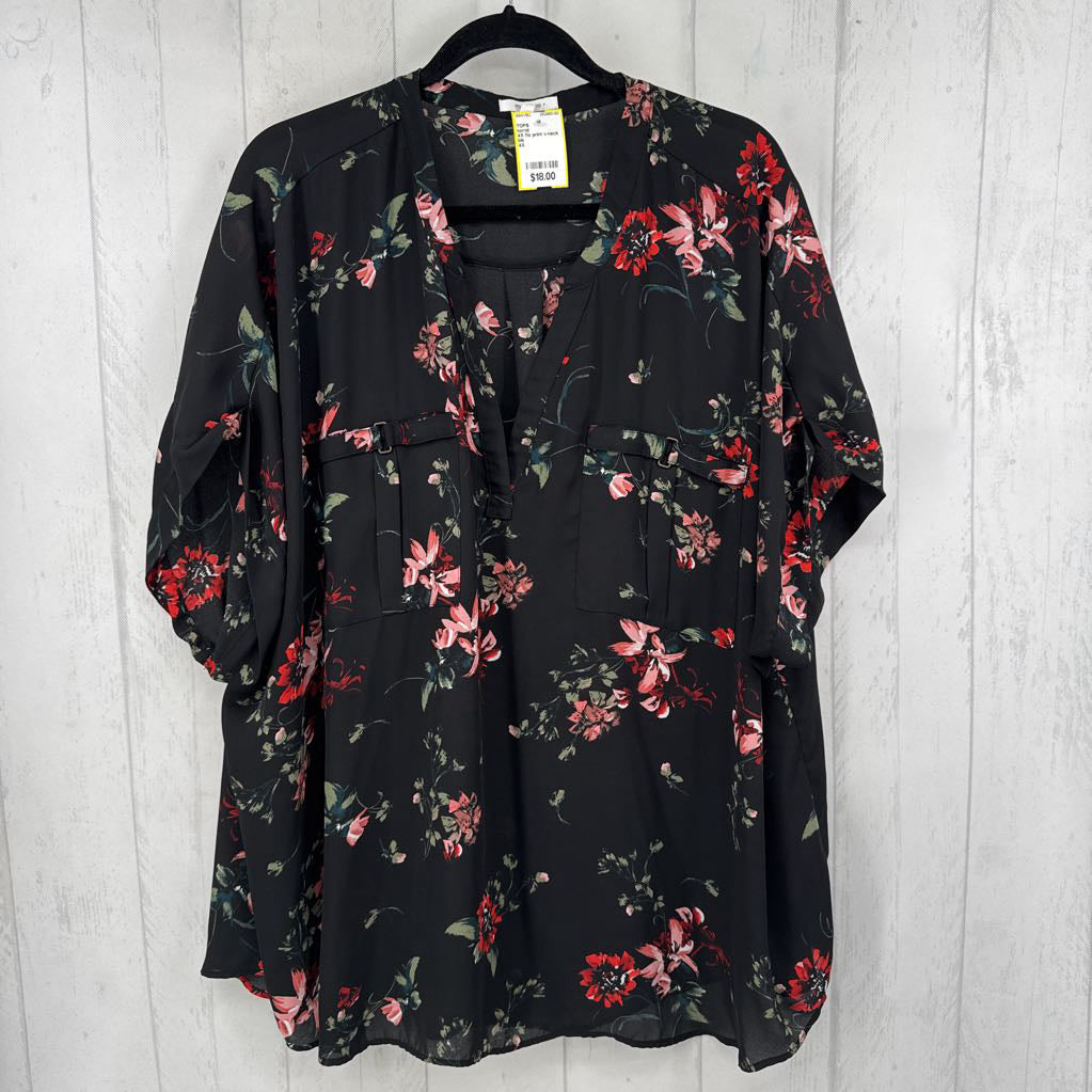 4X flo print v-neck drop shoulder top