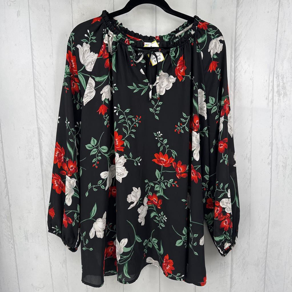 3X flo print tie front l/s top