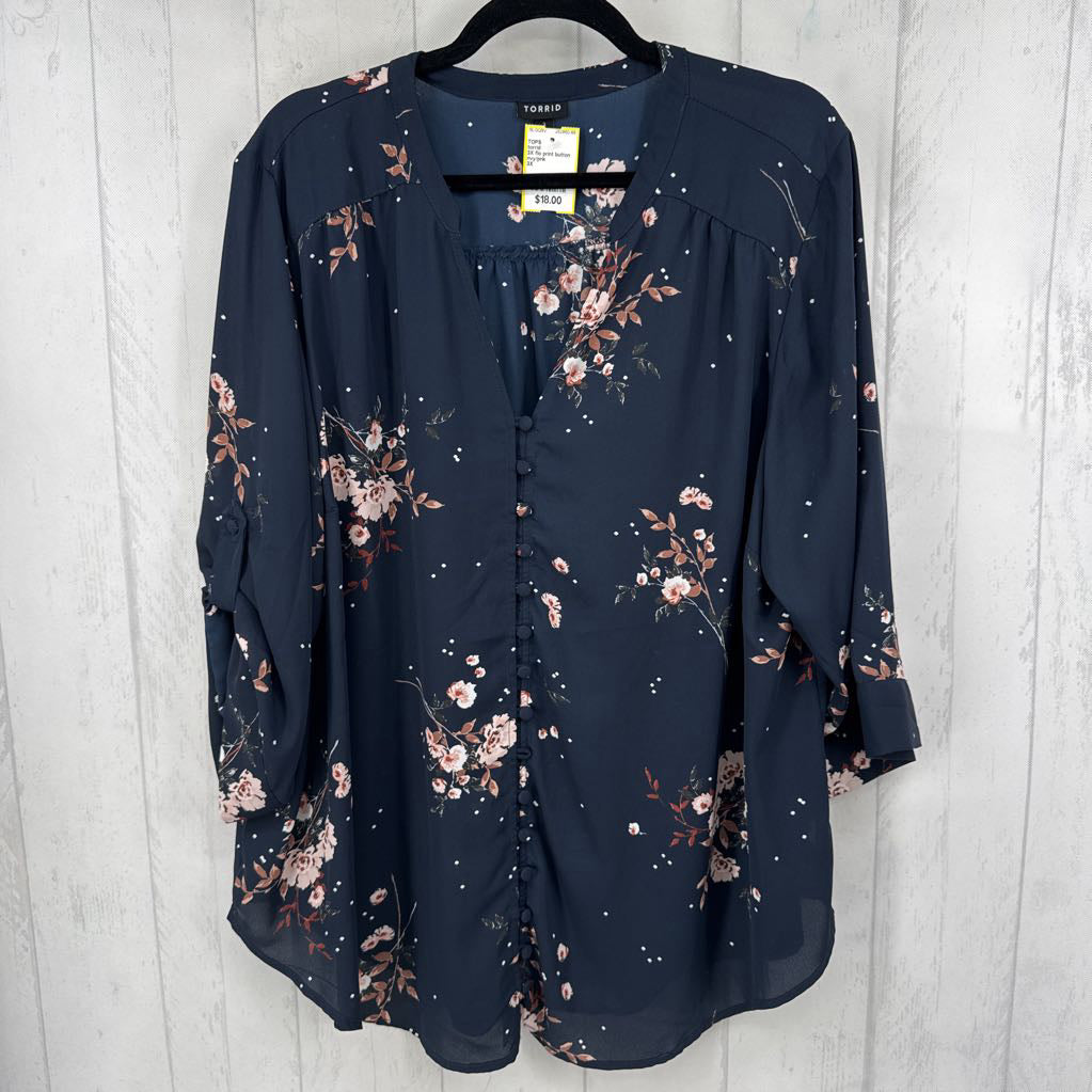 3X flo print button down 3/4 slv top