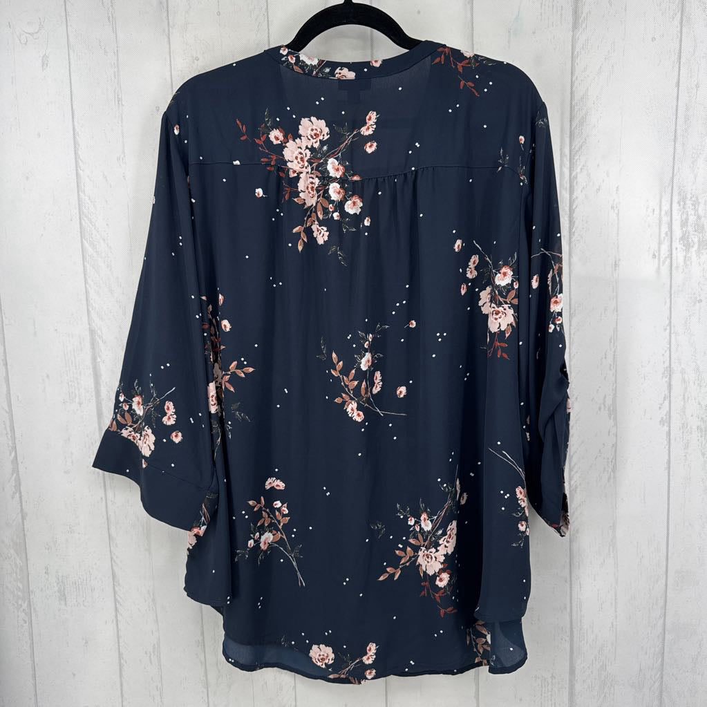 3X flo print button down 3/4 slv top