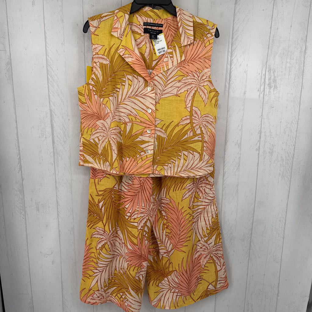 M 2pc linen leaf print slvls top & pants