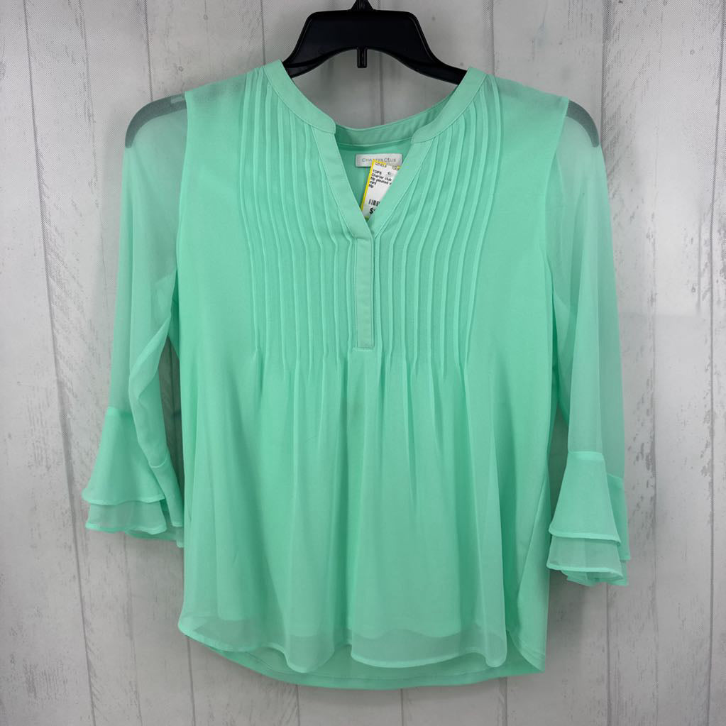 Mp pleated v-neck flowy 3/4 slv top