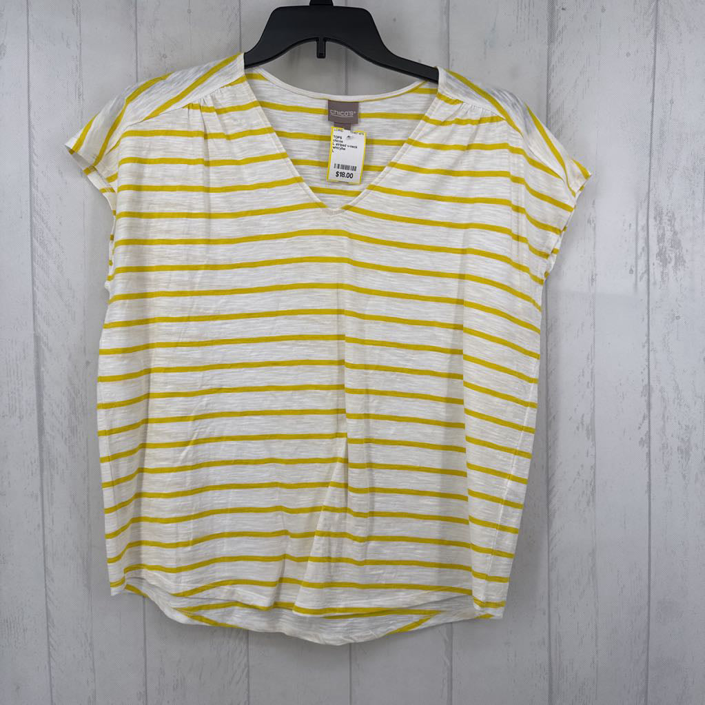 L striped v-neck cap slv tee