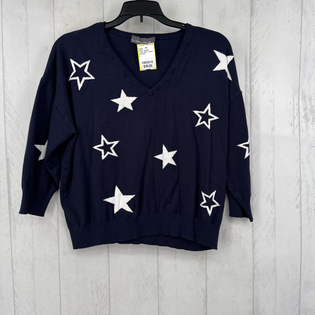 L star print v-neck 3/4 slv top