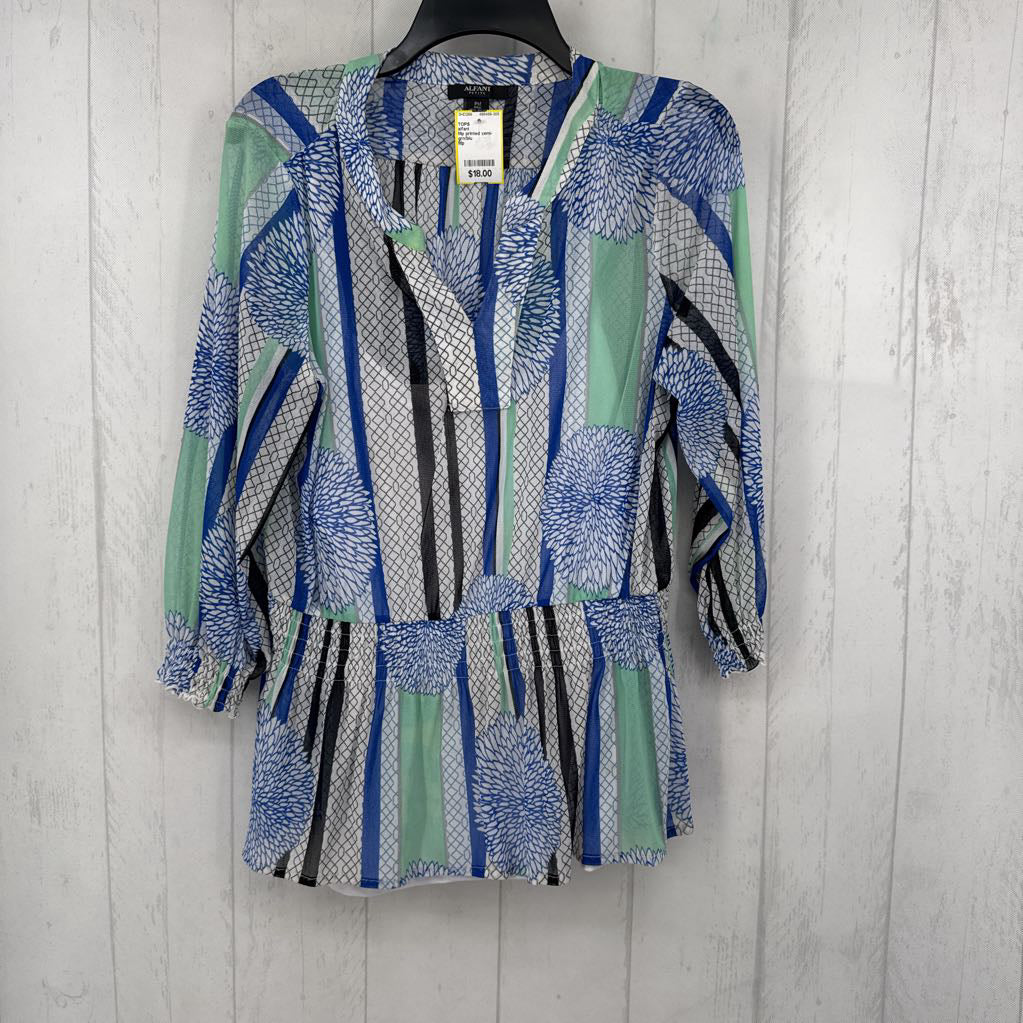 Mp printed semi-sheer 3/4 slv peplum top