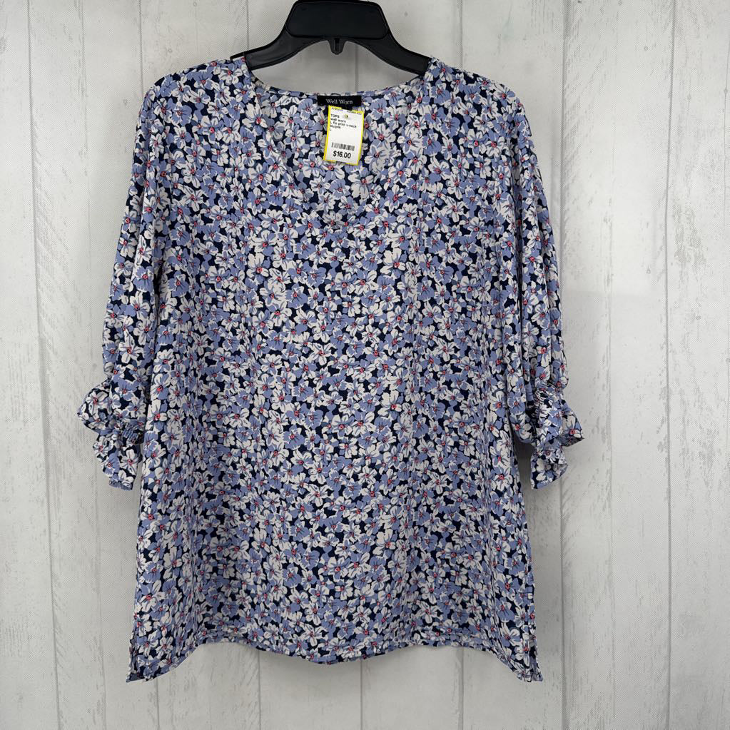 L flo print v-neck elbow slv top
