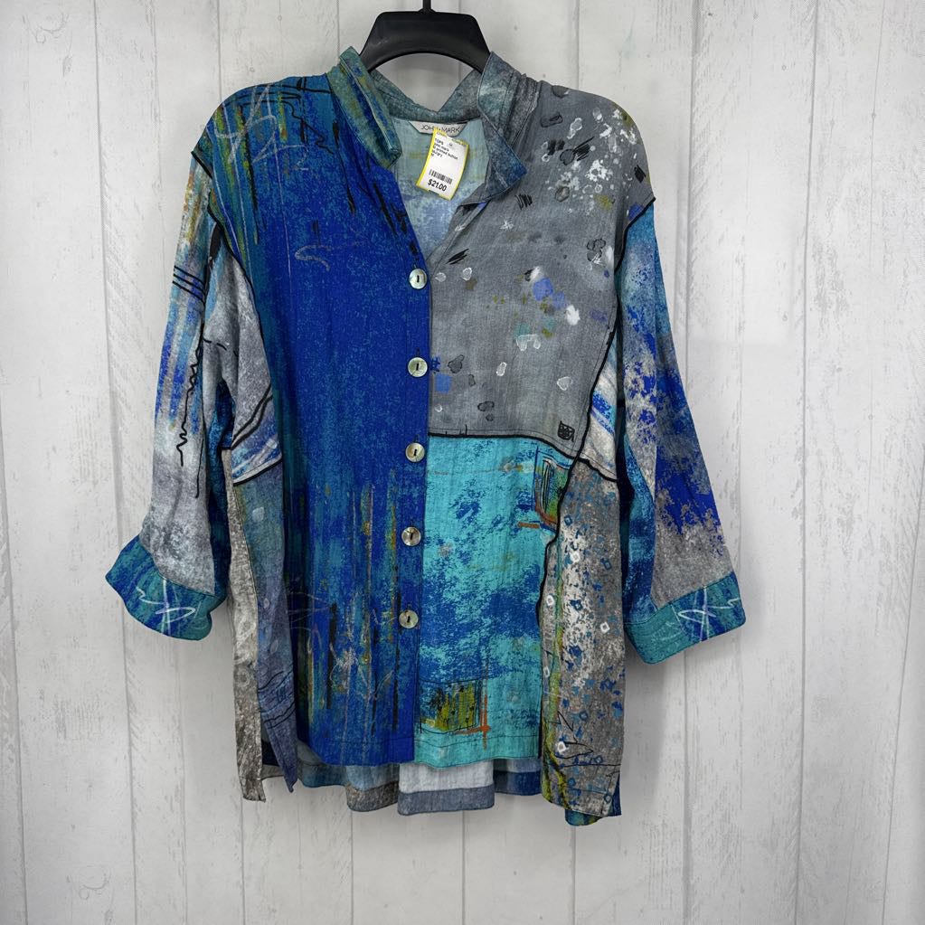 M printed button down 3/4 slv top