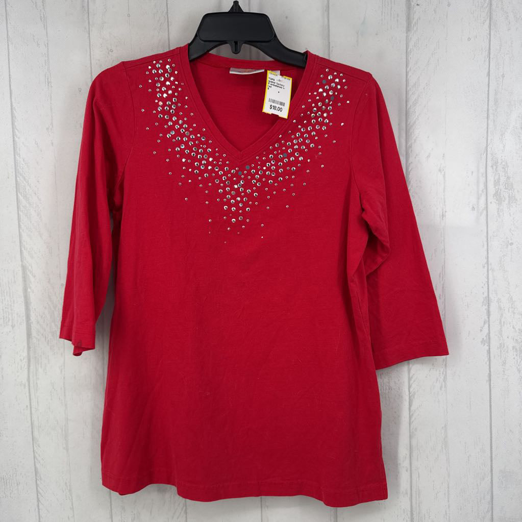 S embelished v-neck 3/4 slv top