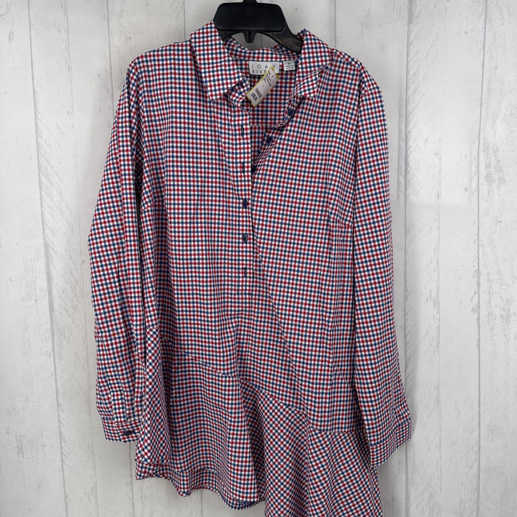 6 1/2 button down gingham l/s peplum top