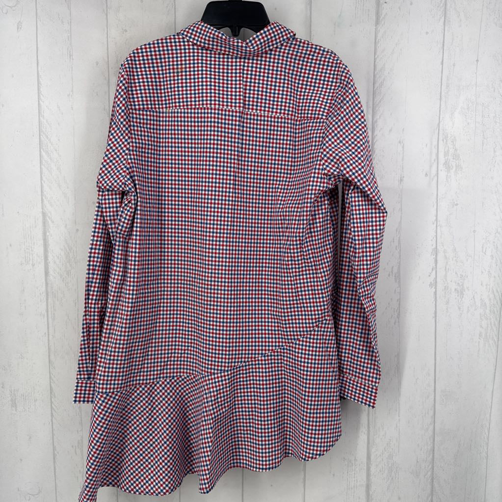 6 1/2 button down gingham l/s peplum top