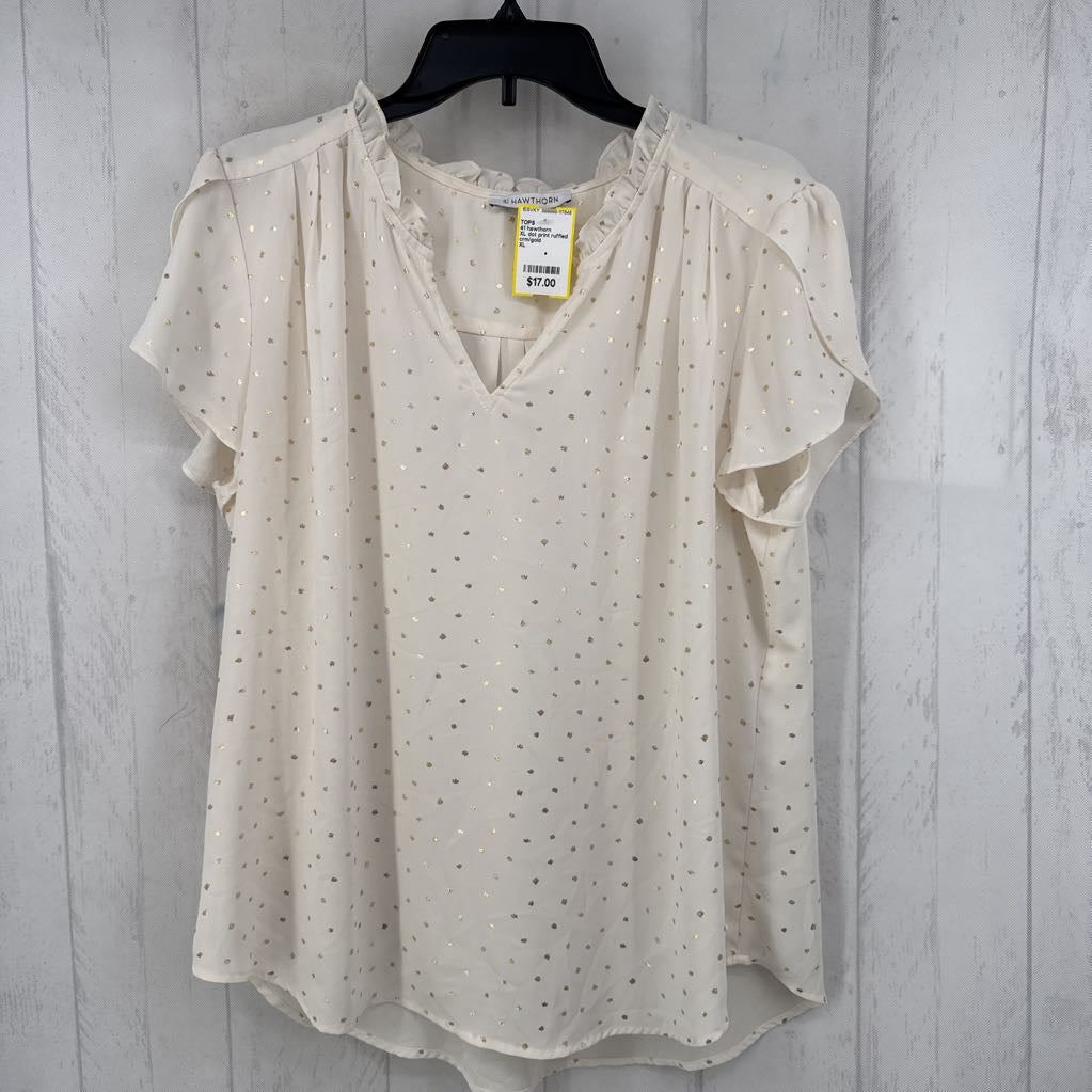 XL dot print ruffled v-neck s/s top