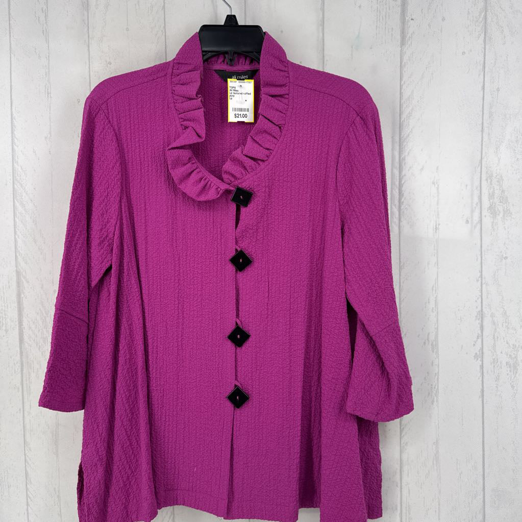 Lp textured ruffled button down 3/4 slv top