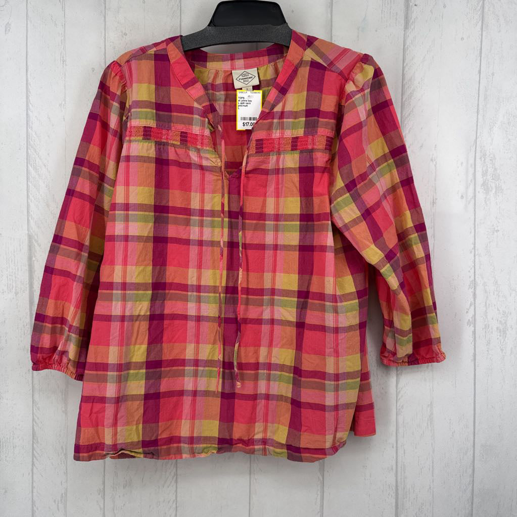 L split neck checkered 3/4 slv top