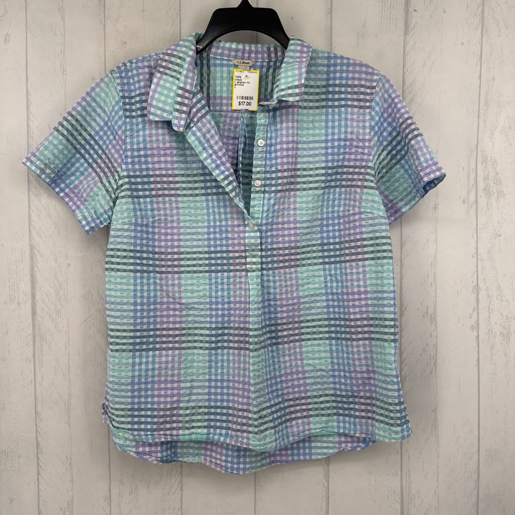 L gingham 1/2 button down s/s top