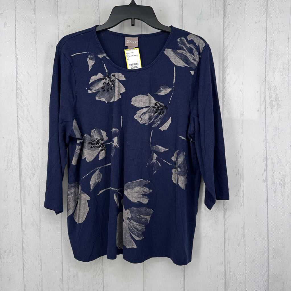 XL flo embroidered 3/4 slv top