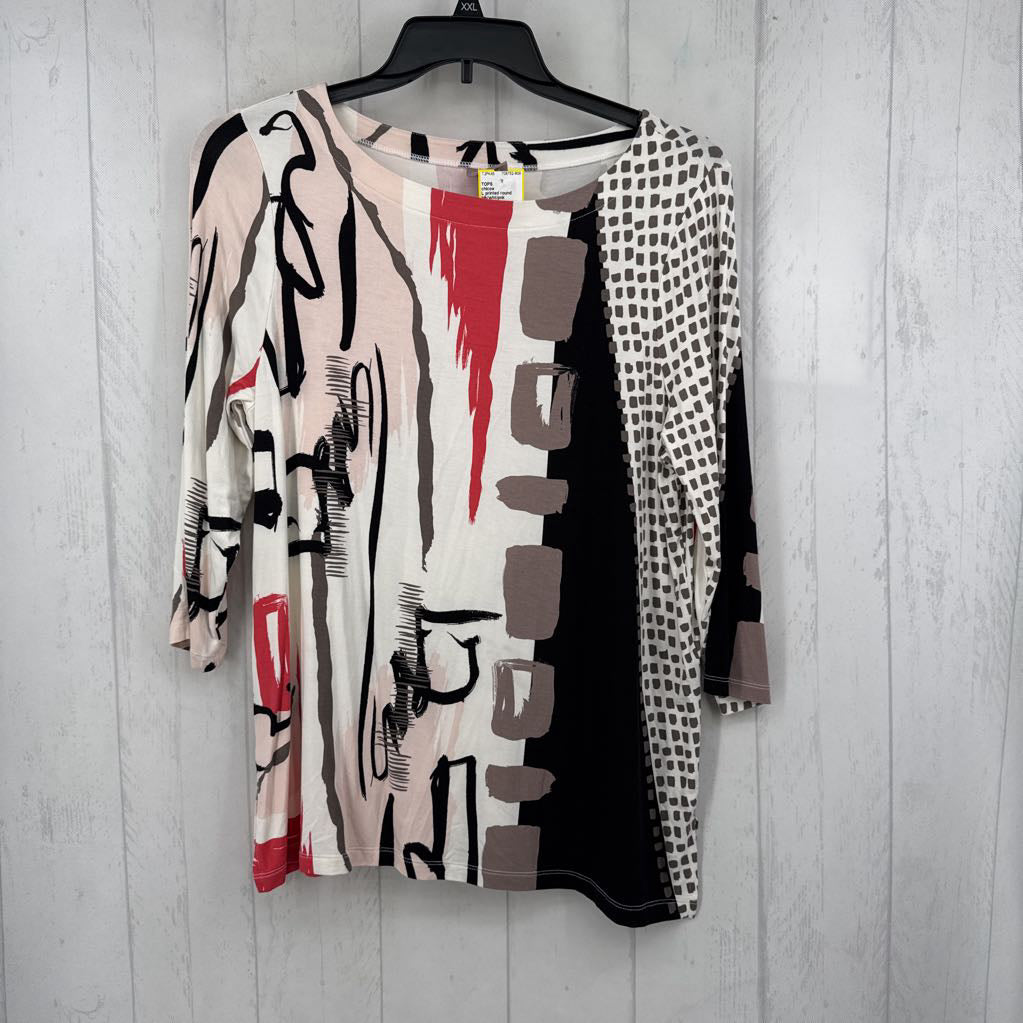 L printed round neck 3/4 slv top