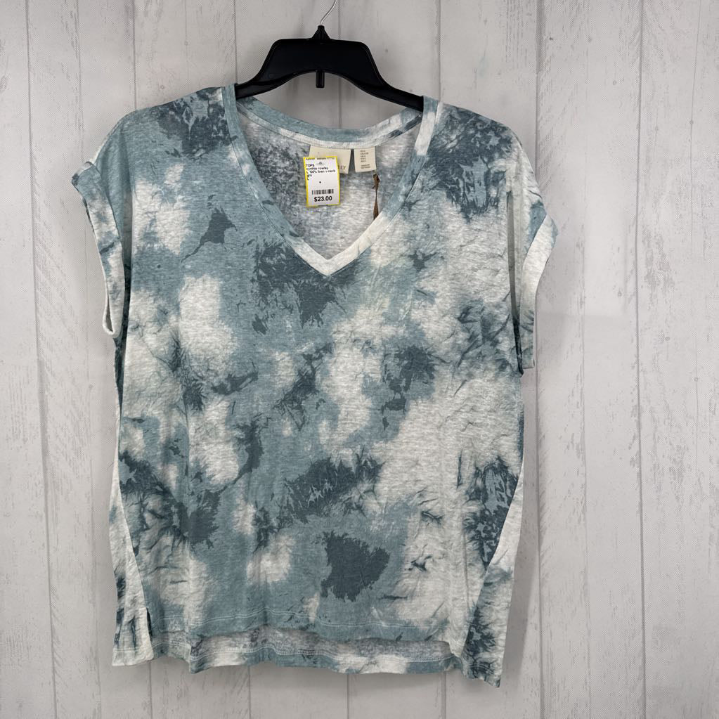 L 100% linen v-neck tie-dye top