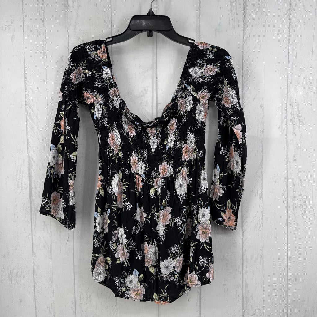 0 smocked flo print l/s peplum top