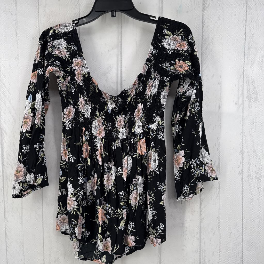 0 smocked flo print l/s peplum top