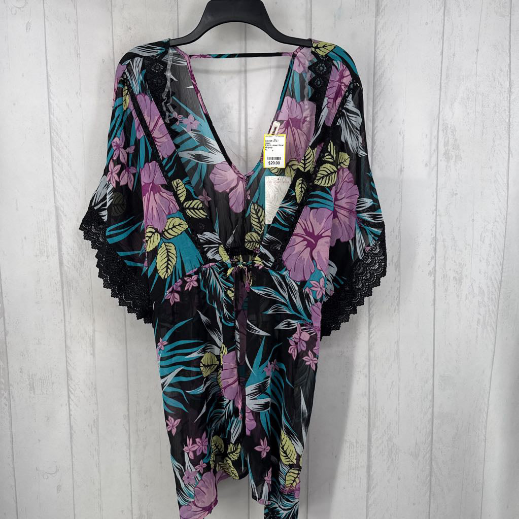 R38 XL sheer floral tie front cover up