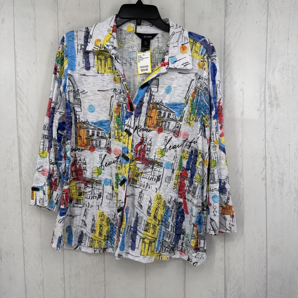 XLp printed button down 3/4 slv top