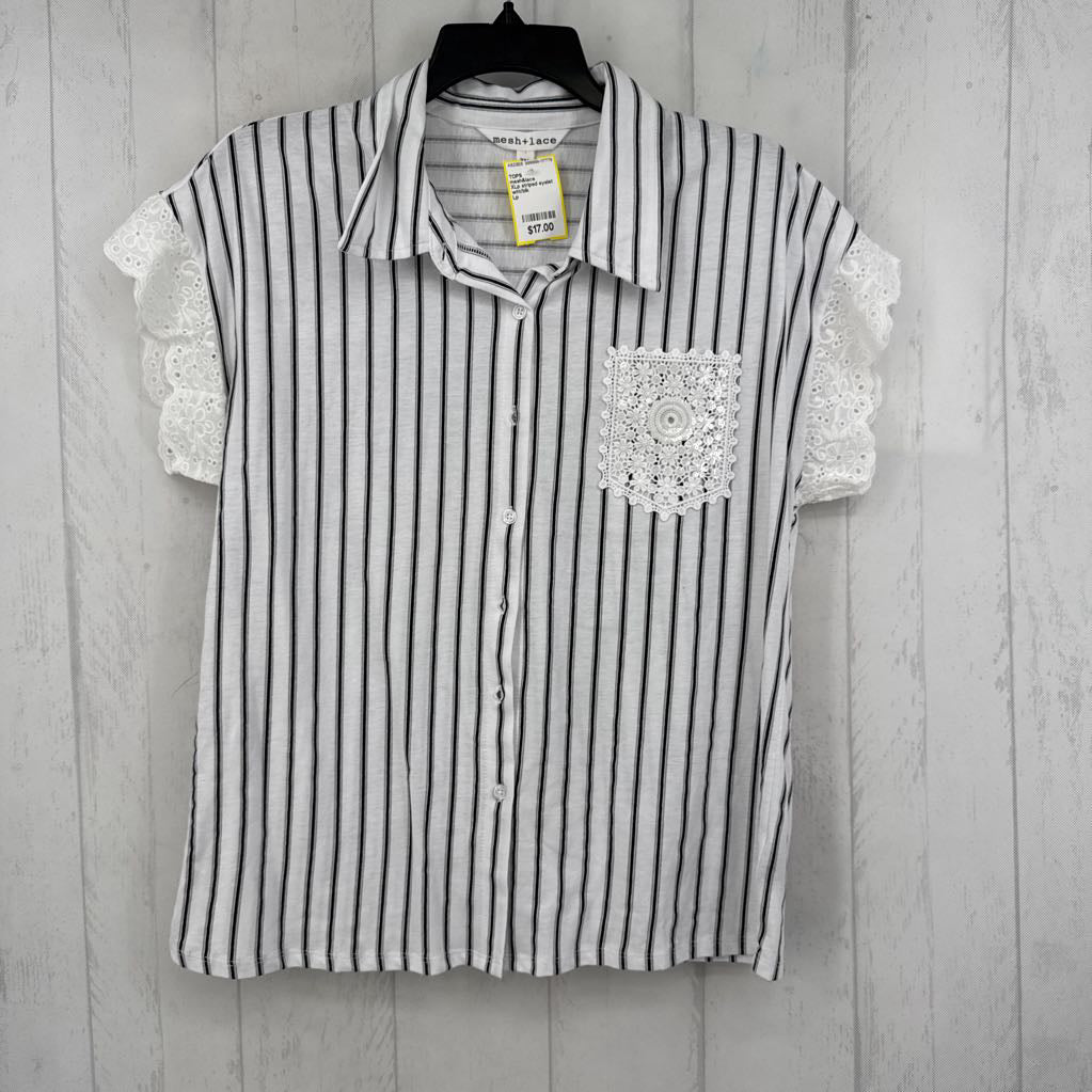 XLp striped eyelet trim button down s/s top
