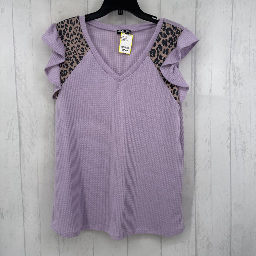 L waffle knit w/animal print v-neck flutter slv top