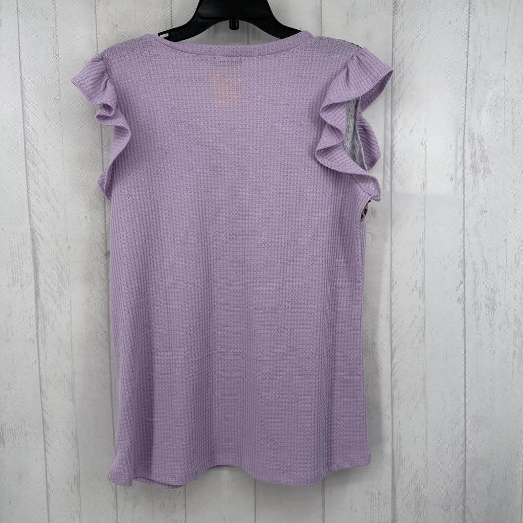 L waffle knit w/animal print v-neck flutter slv top