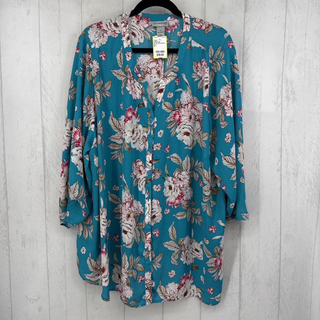 3X flo print button down 3/4 slv top