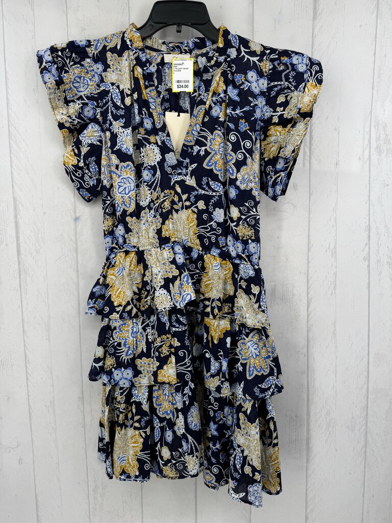 L flo print tiered split neck flutter slv dress
