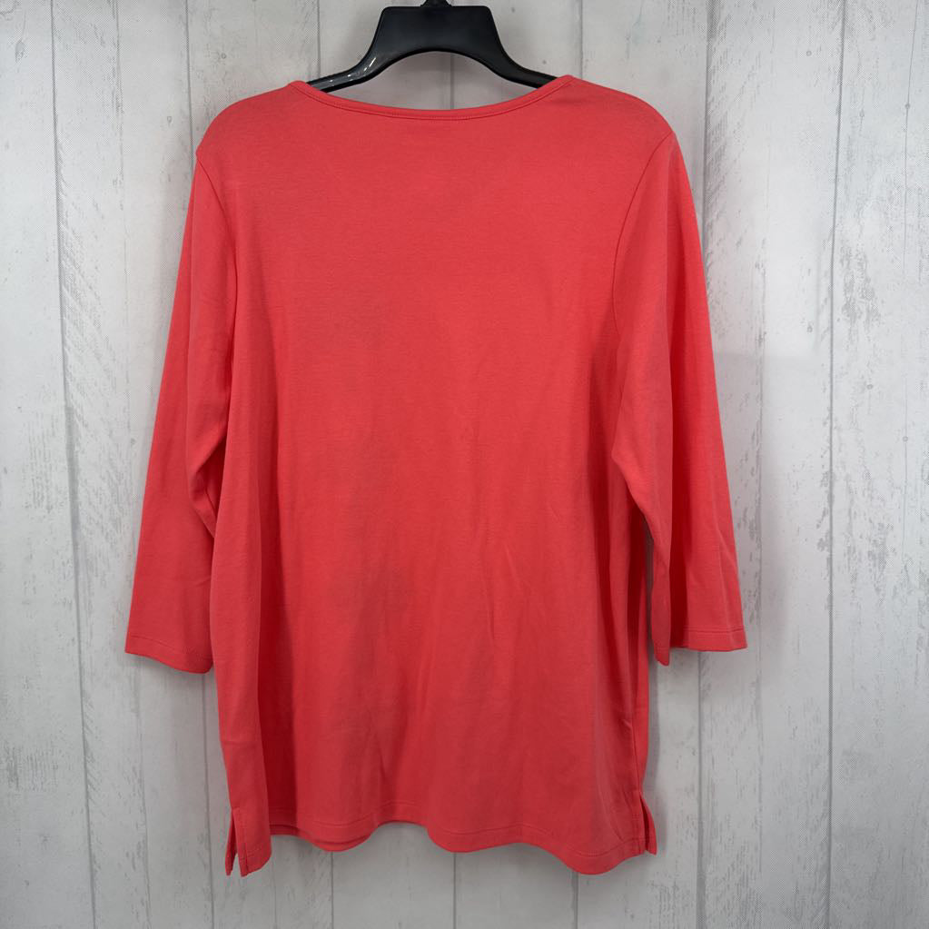 L sequin palm tree v-neck 3/4 slv top