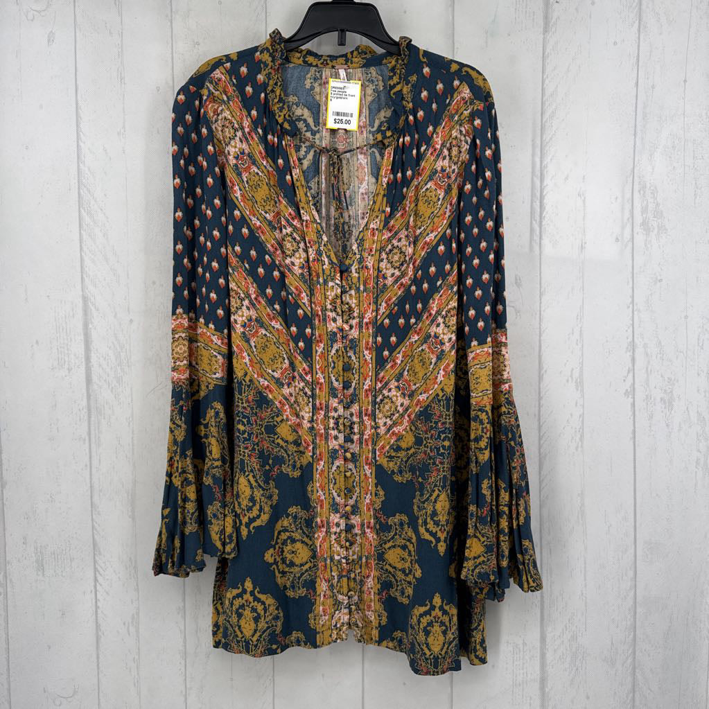 S printed tie front button down flare slv dress l/s