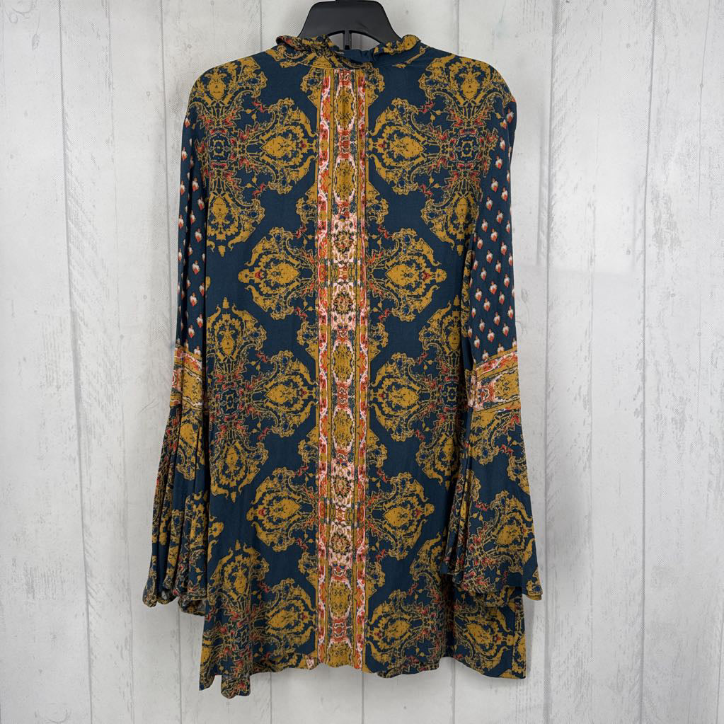 S printed tie front button down flare slv dress l/s