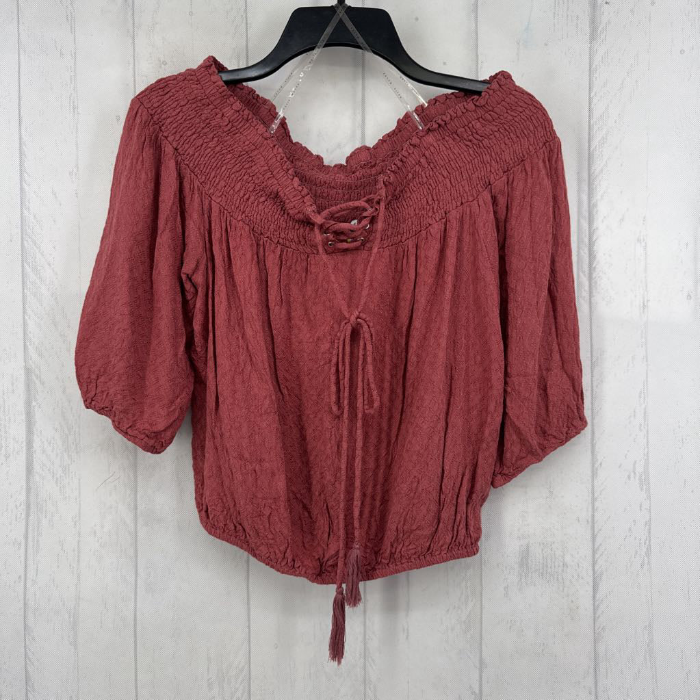 L smocked off the shoulder s/s top