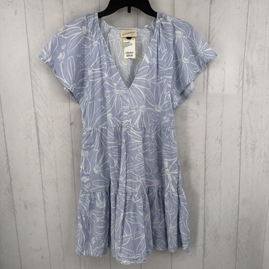 S linen blend flo print v-neck s/s dress