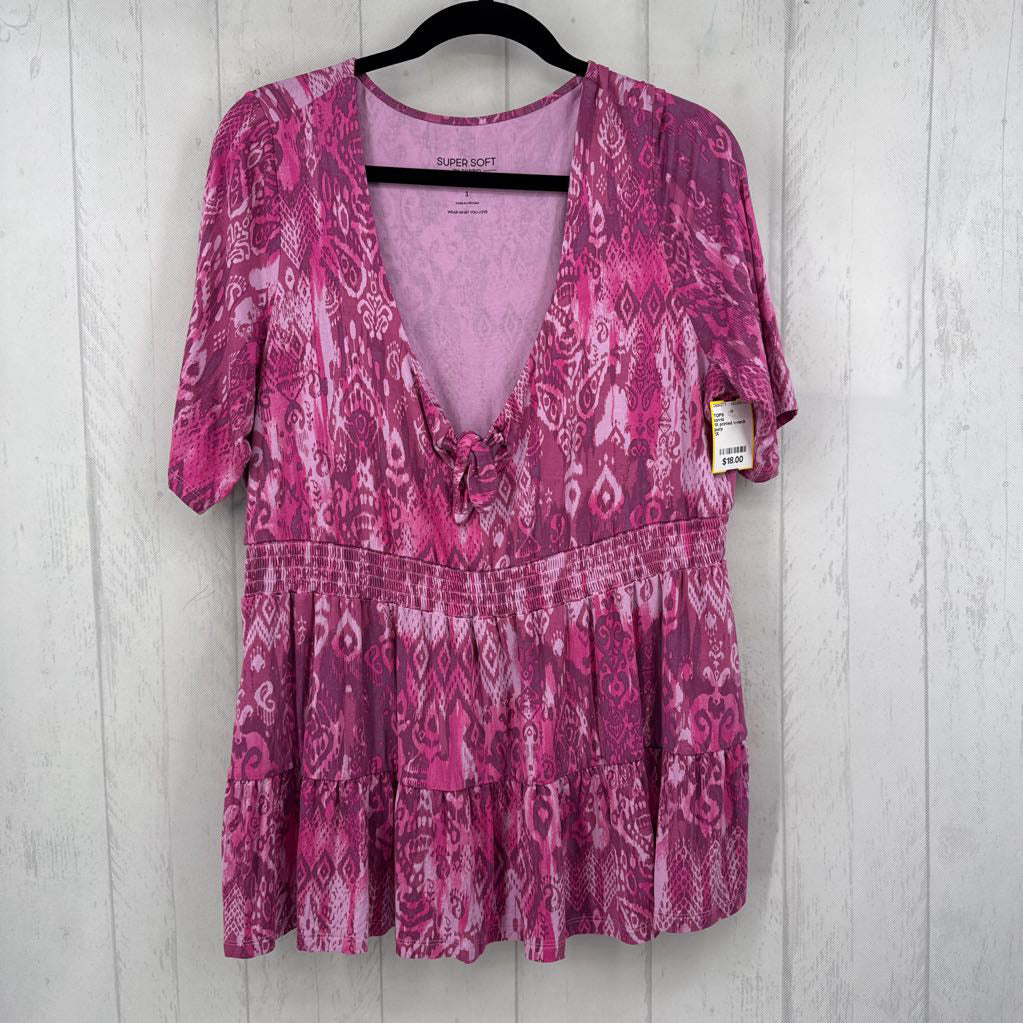 1X printed v-neck s/s peplum top