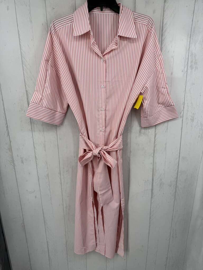 1X striped button down belted 3/4 slv dress
