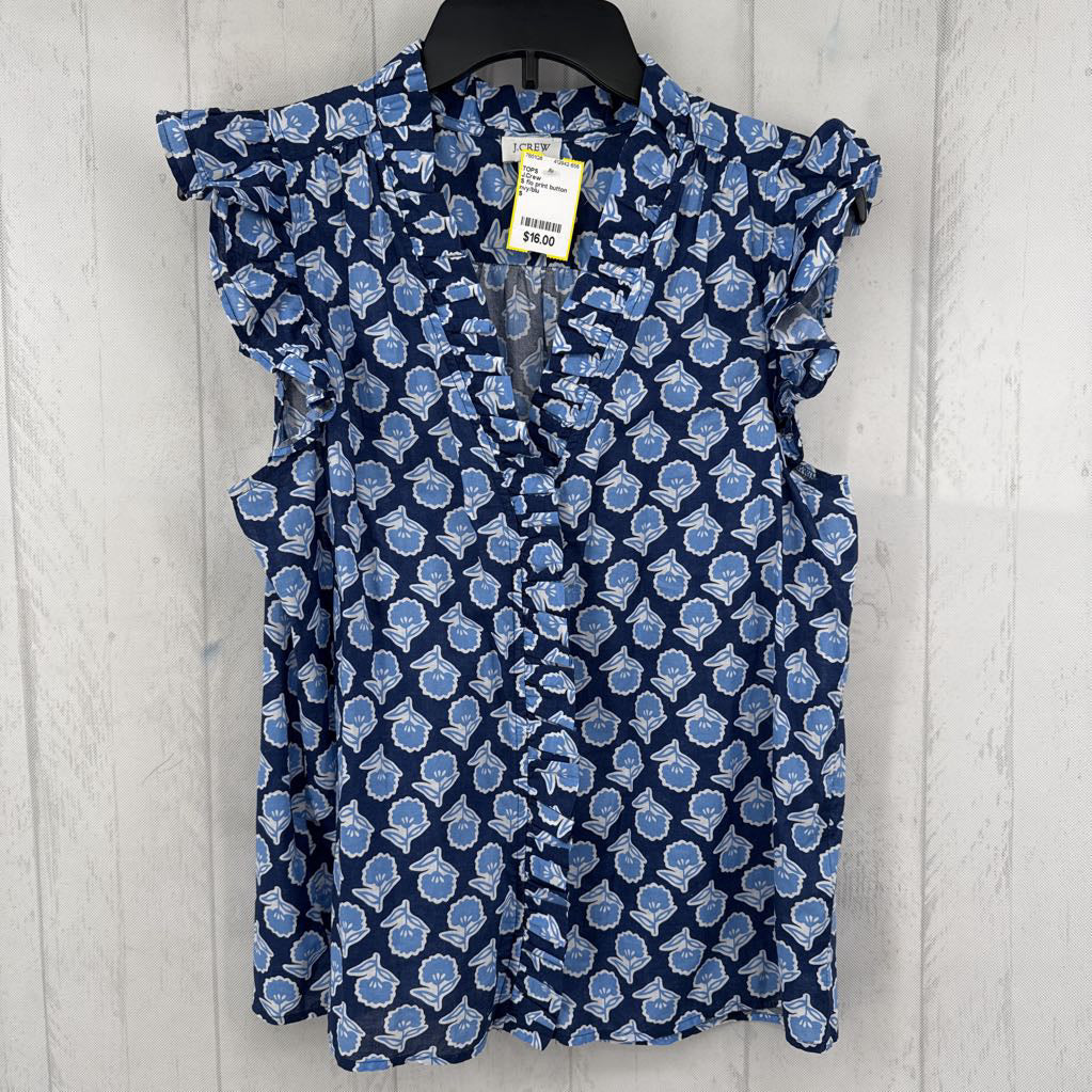 S flo print button down flutter slv top